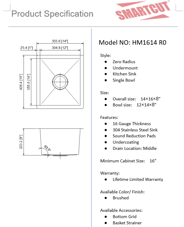 Hand Made Stainless Sink 16" x 14" R0