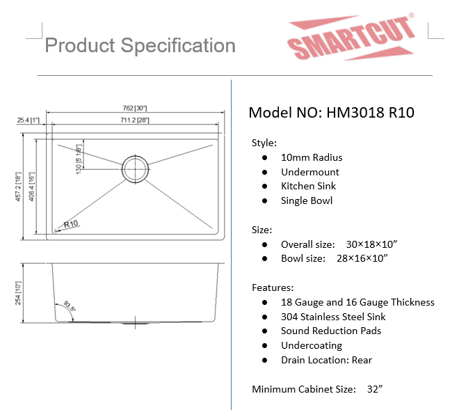 Hand Made Stainless Sink 30" X 18" R10