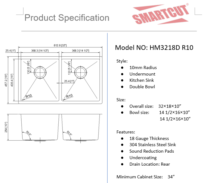 Hand Made Stainless Sink  DOUBLE 32" X 18" R10